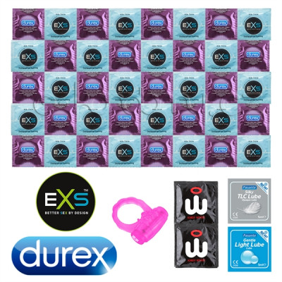 Durex Air Thin Balíček ultra tenkých kondomů - 42 kondomů Durex a EXS + lubrikační gely Pasante a Wingman jako dárek