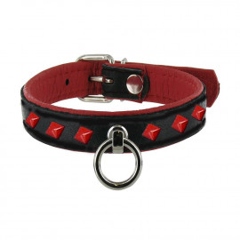 Black Label Leather Studded O-Ring Collar Red